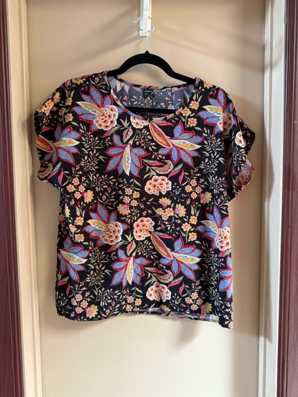 Black Floral Short Sleeve Blouse with Multicolor Blooms